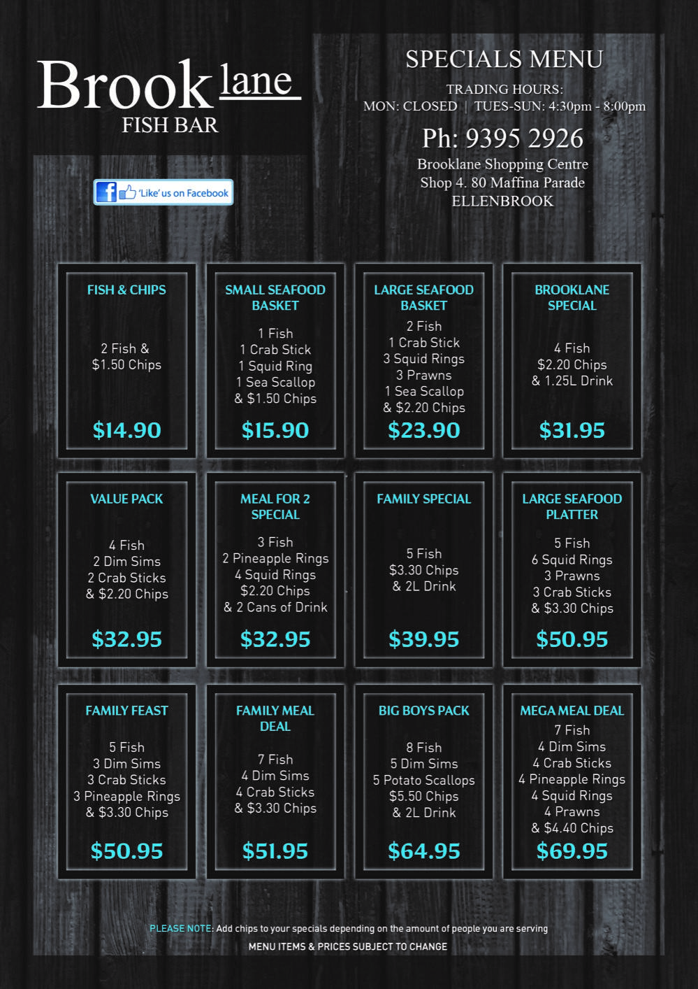 Menu at Brooklane Fish Bar, Ellenbrook