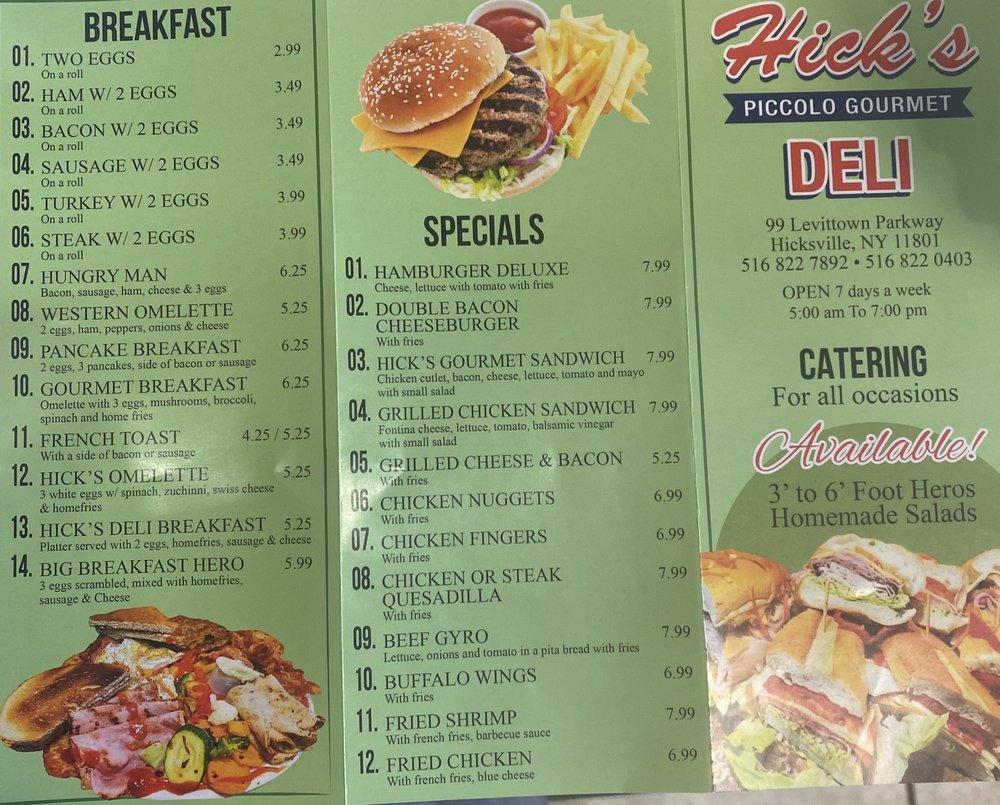 Menu at Hick's Deli, Hicksville