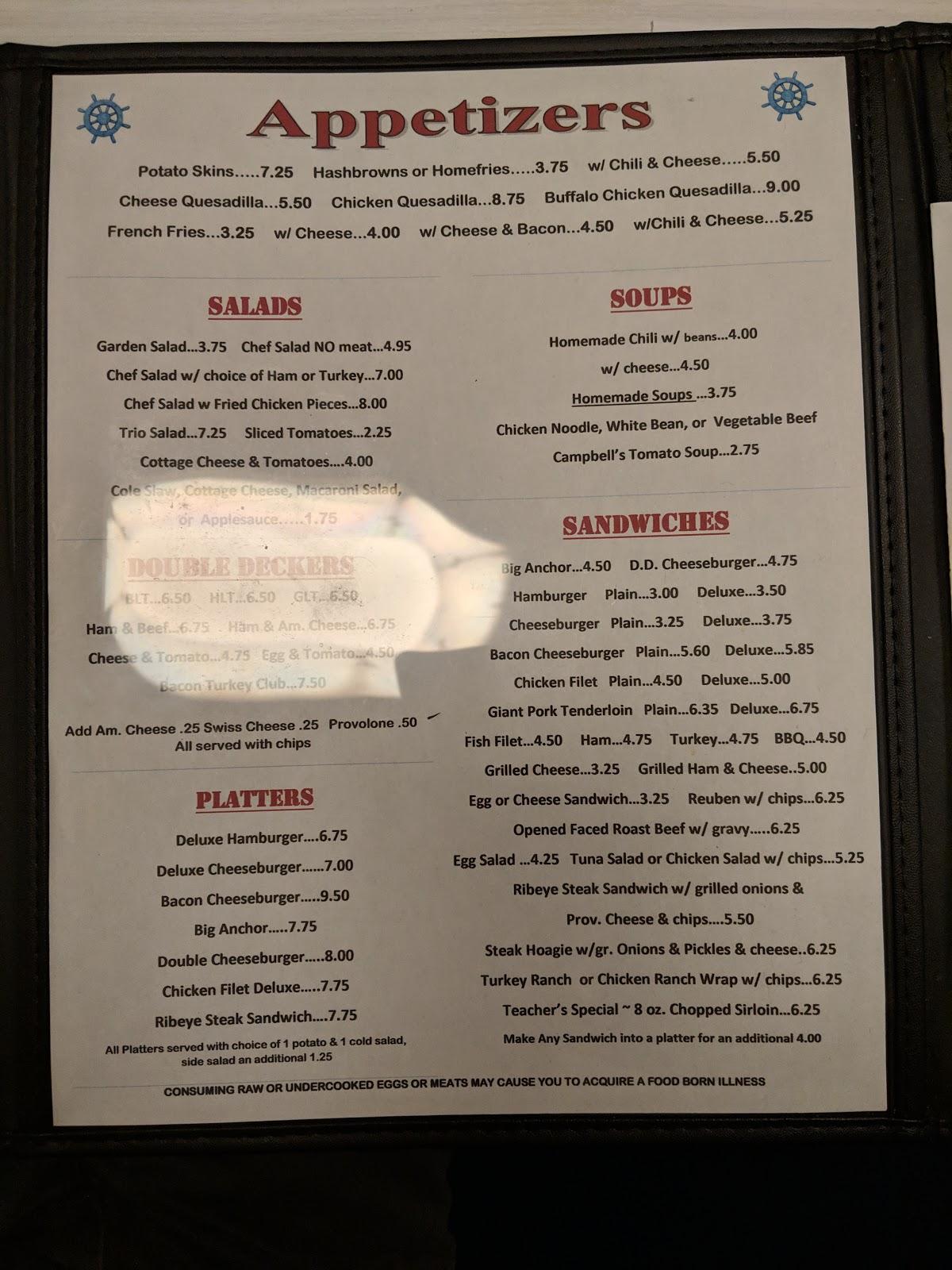 Menu at Anchor Grill restaurant, Covington