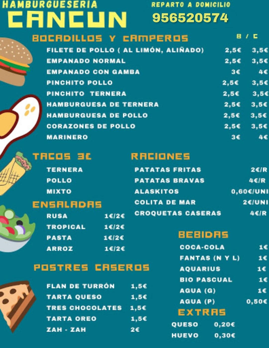 Menu at Cancún restaurant, Ceuta