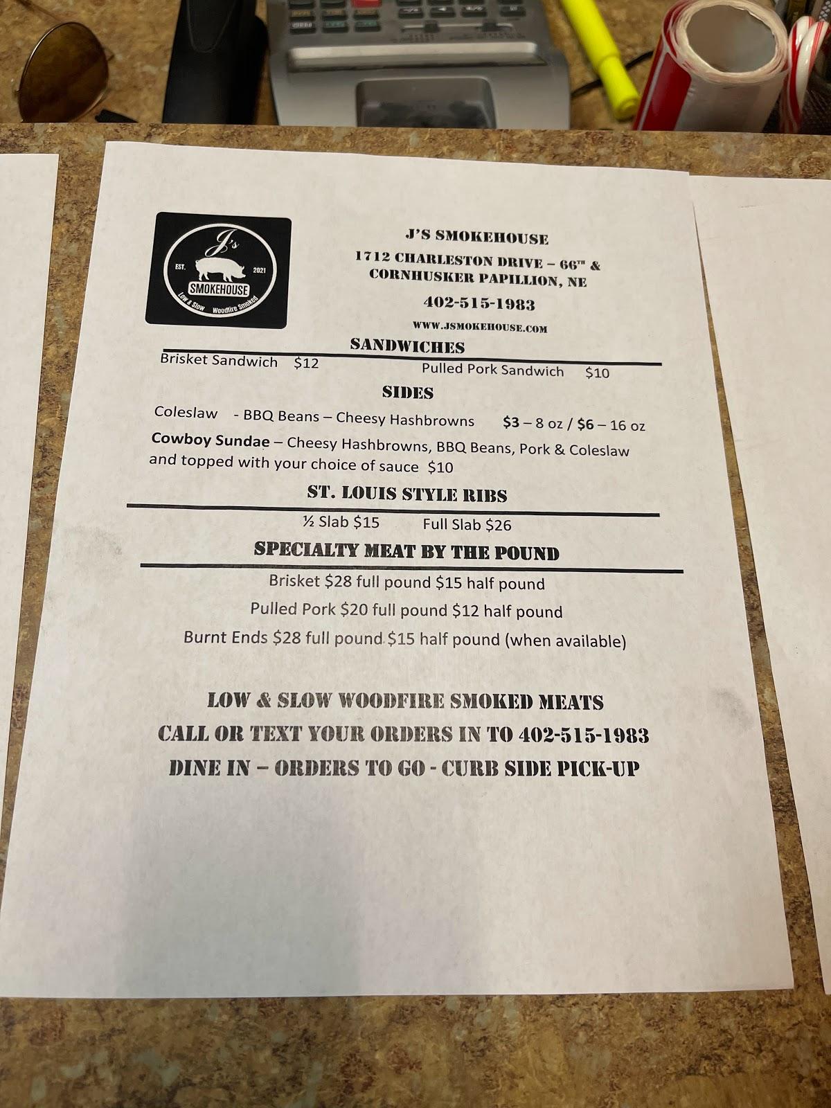 Menu at J's Smokehouse BBQ, Papillion