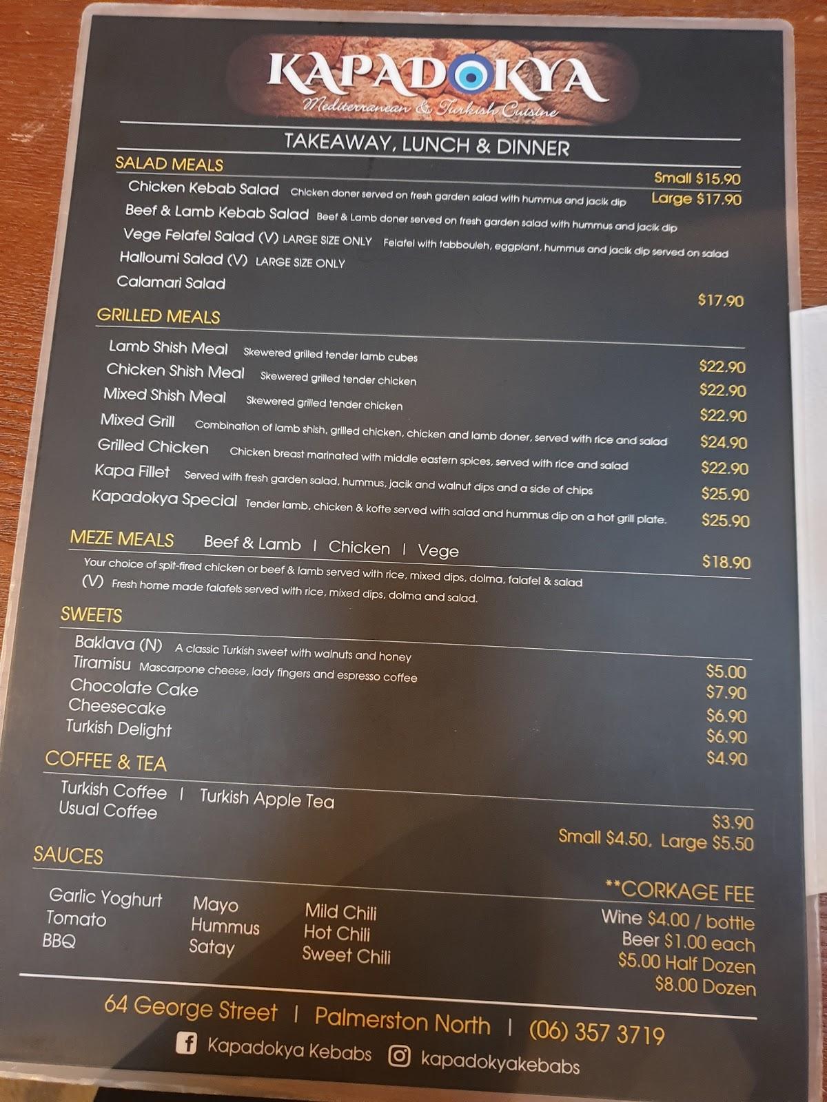 Menu at Kapadokya Mediteranean & Turkish Cuisine restaurant, Palmerston