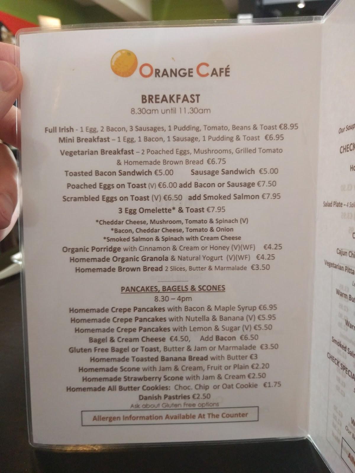 Menu at Orange Cafe, Kilkenny