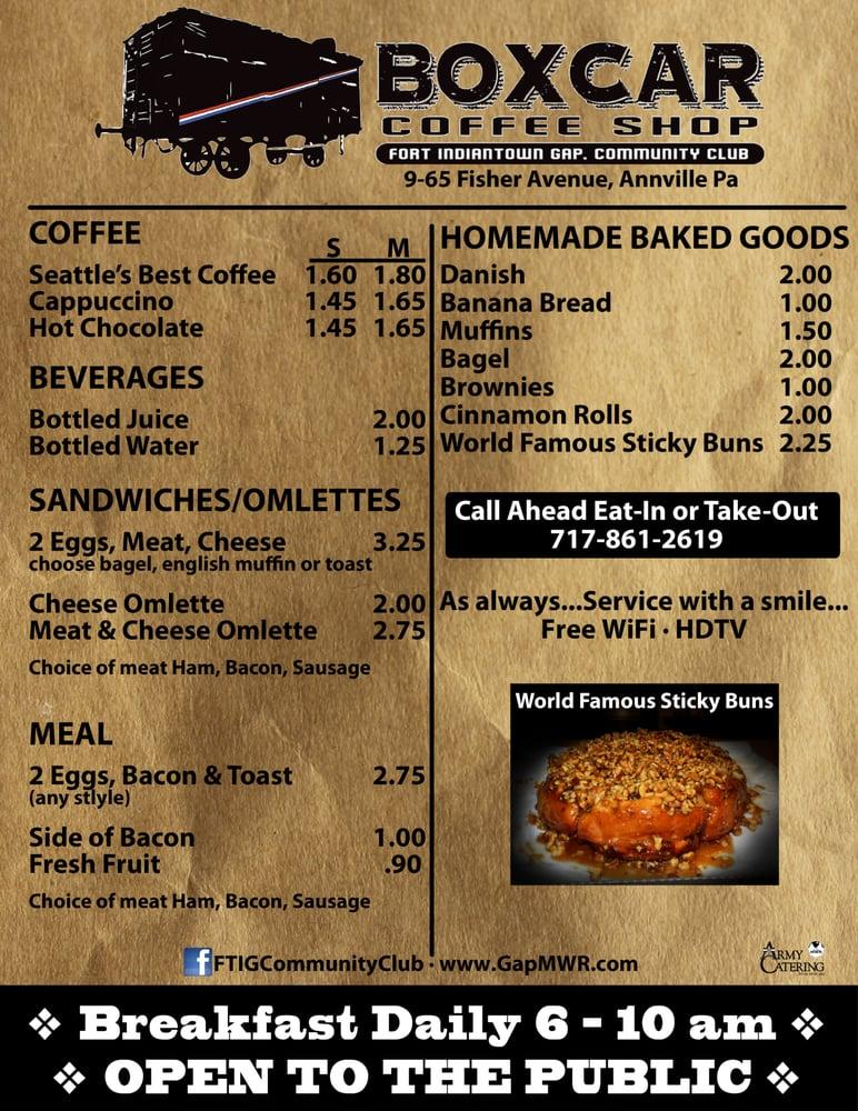 Menu at Boxcar Coffee Shop, Fort Indiantown Gap