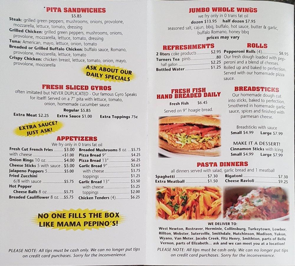 Menu at Mama Pepino's pizzeria, West Newton