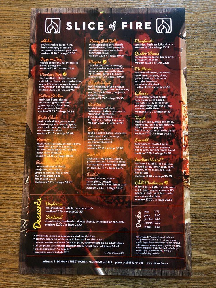 Menu at Slice of Fire Pizza pizzeria, Markham