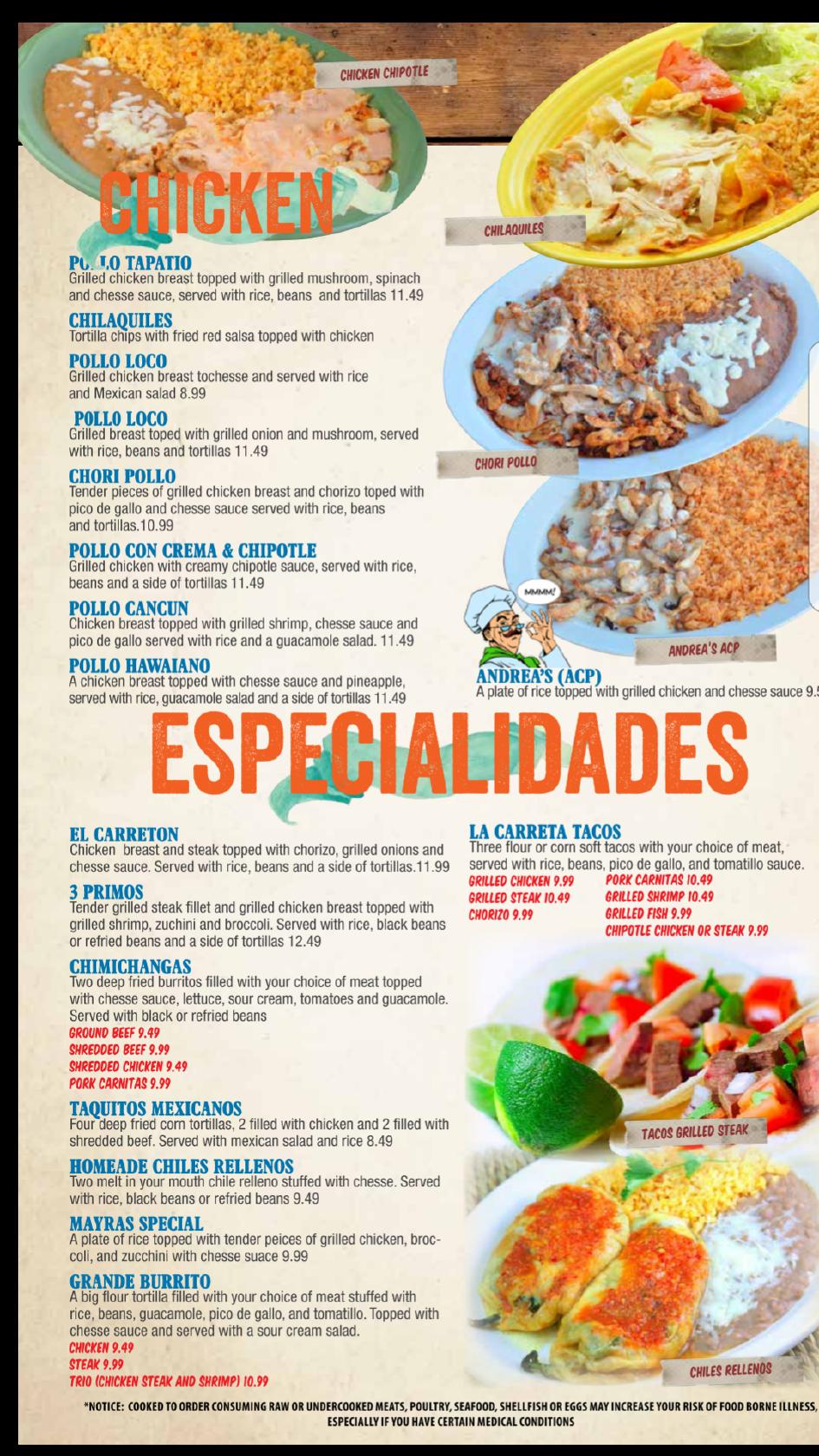 Menu at La Carreta Mexican Restaurant, London