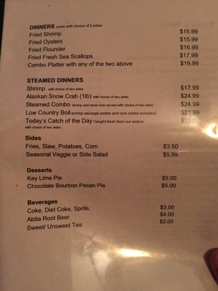Menu at Bubba Gumbo’s restaurant, Tybee Island