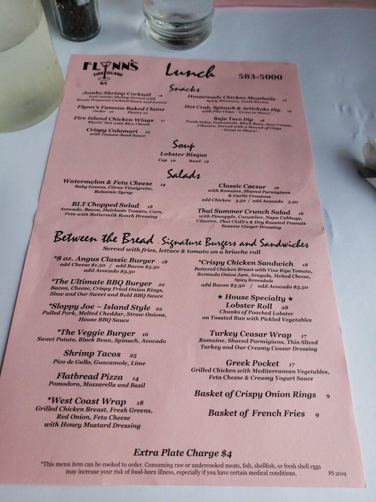 Menu at Flynn's Fire Island pub & bar, Fire Island