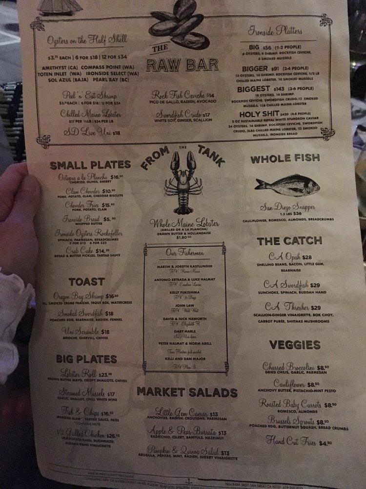 Menu at Ironside Fish & Oyster restaurant, San Diego, India St