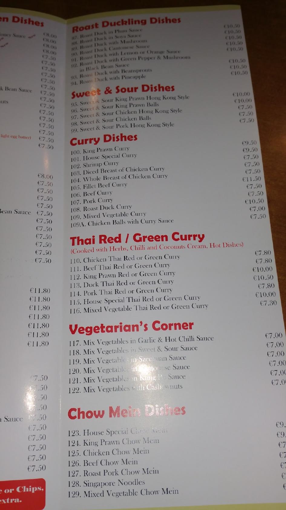 Menu at China Dragon restaurant, Fermoy