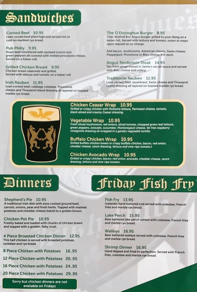 Menu at O'Donoghue's Irish Pub, Elm Grove