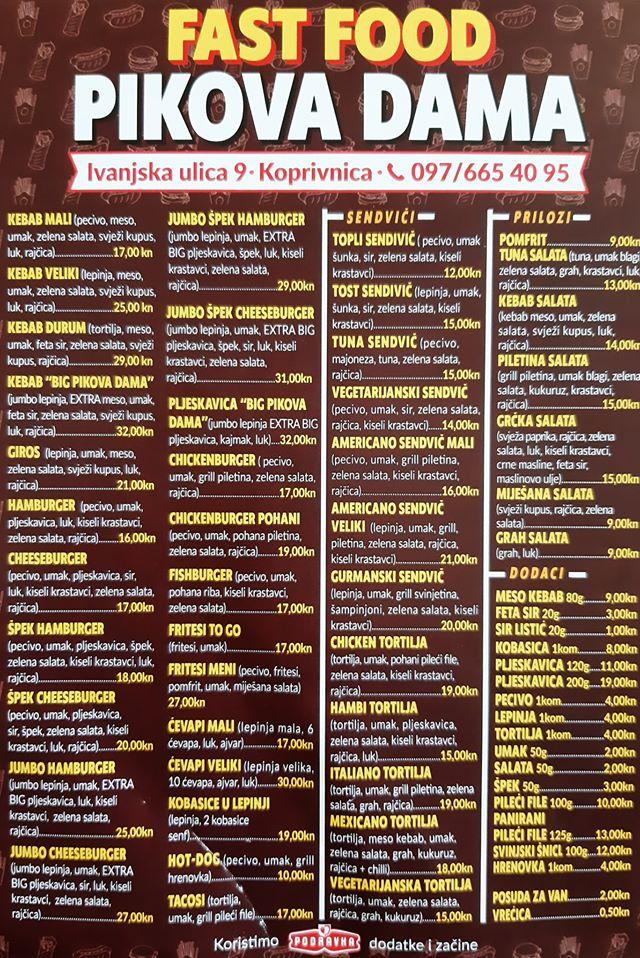 Menu da Fast food "Pikova Dama", Koprivnica