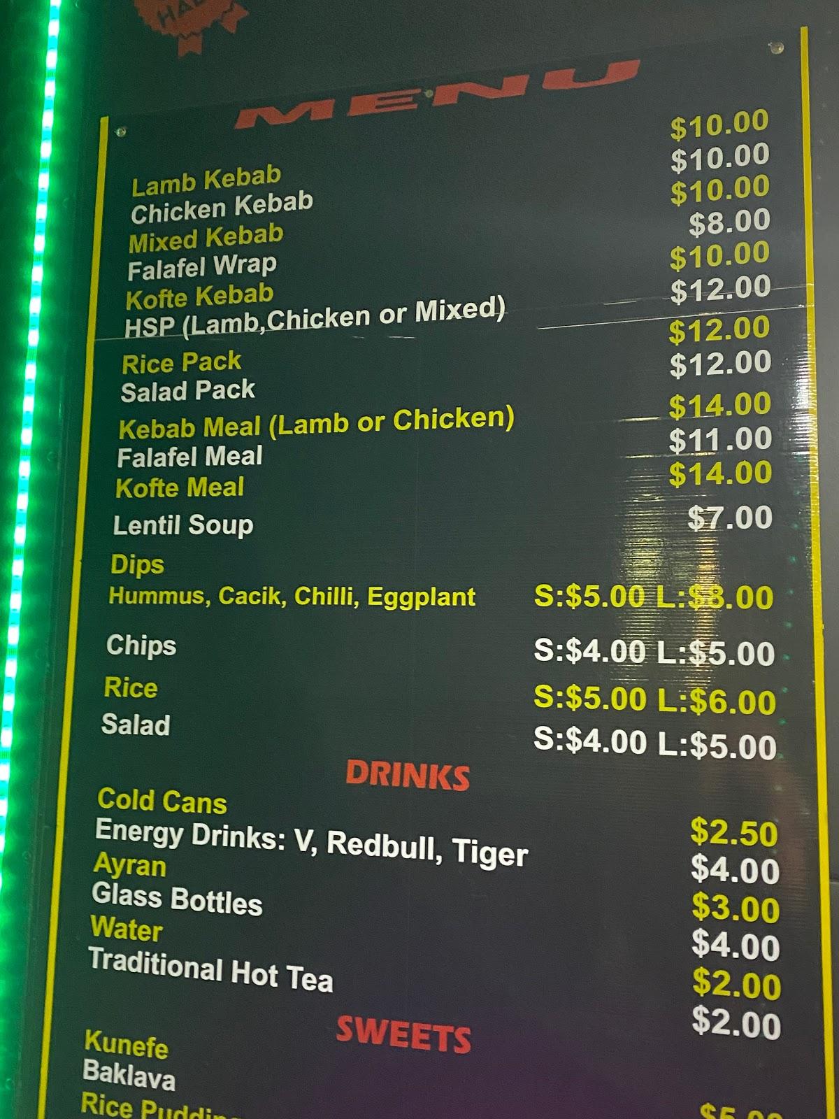 Menu at The Giant Kebab, Craigieburn