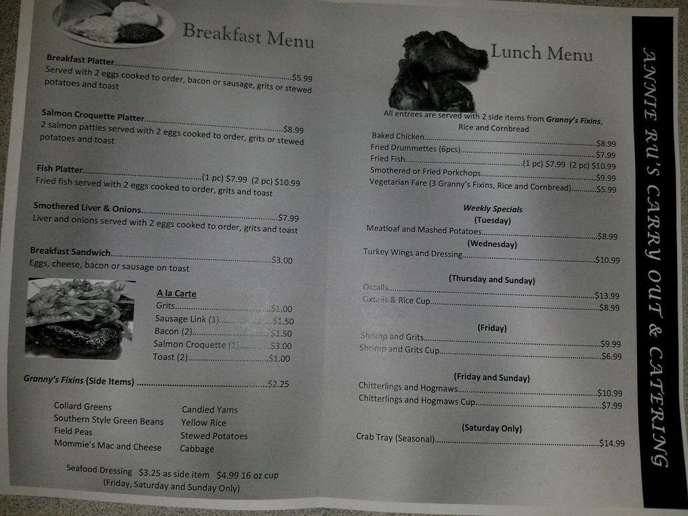 Menu at Annie Ru's Carryout and Catering restaurant, Jacksonville