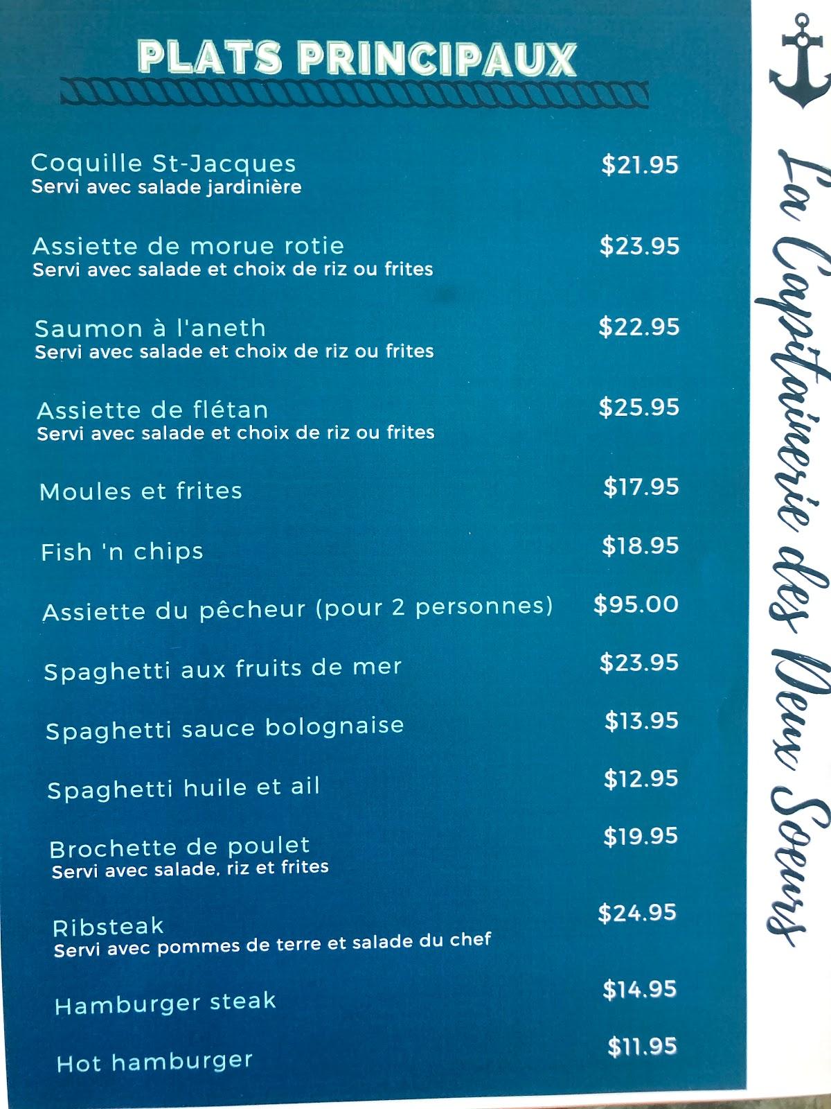 Menu au La Capitainerie des 2 sœurs restaurant, Canada