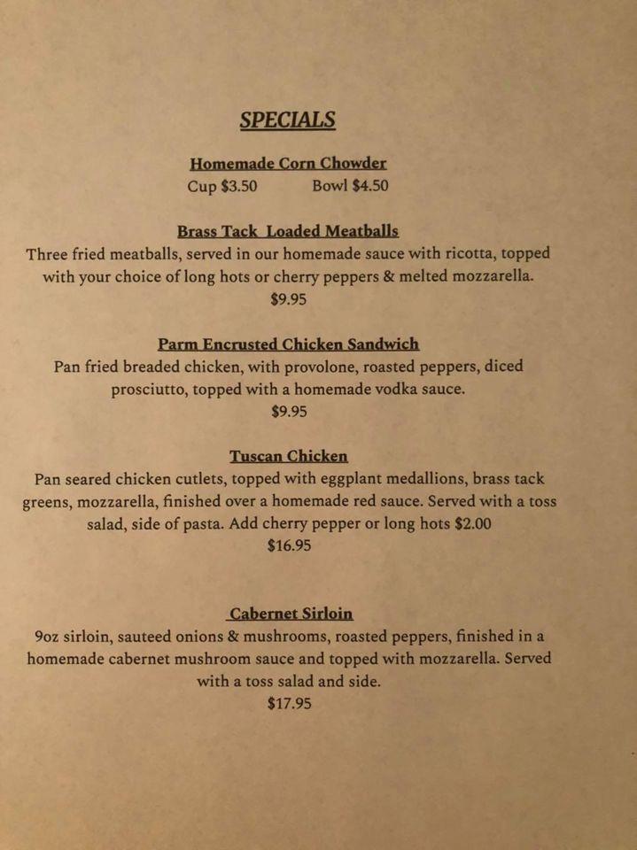 Menu at The Brass Tack restaurant, Frankfort