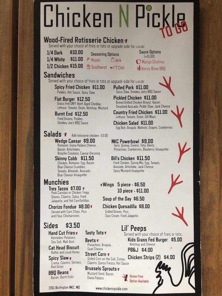 Menu At Chicken N Pickle Kansas City Pub Bar North Kansas City