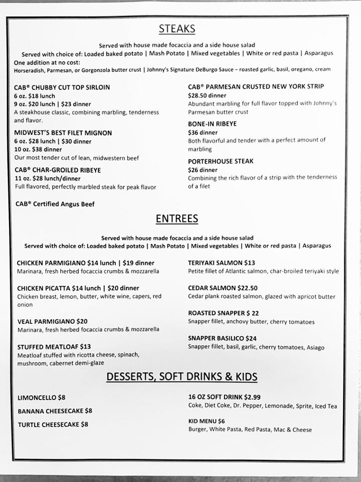 Menu at Johnny's Italian Steakhouse, Shenandoah