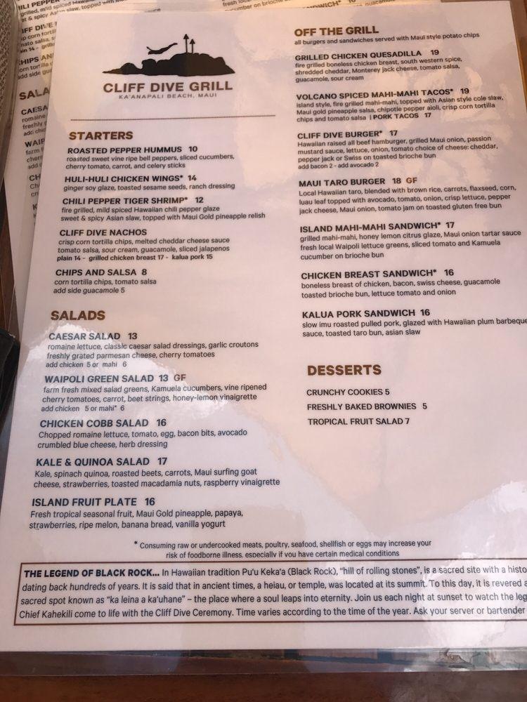 Menu at Cliff Dive Grill BBQ, Lahaina