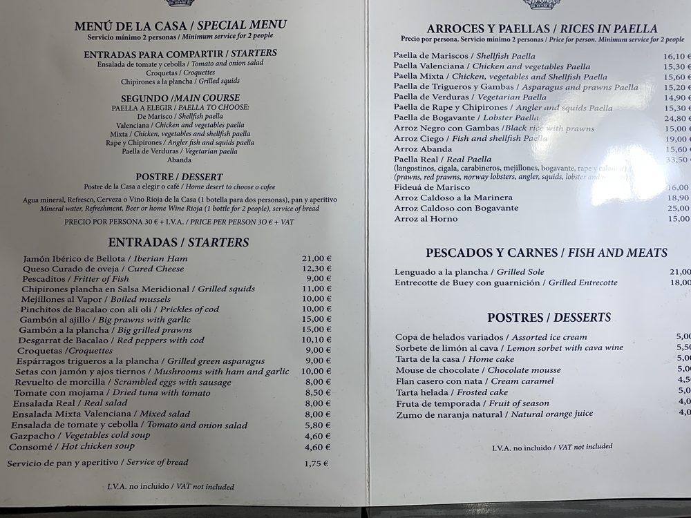 Menu at La Paella Real restaurant, Madrid