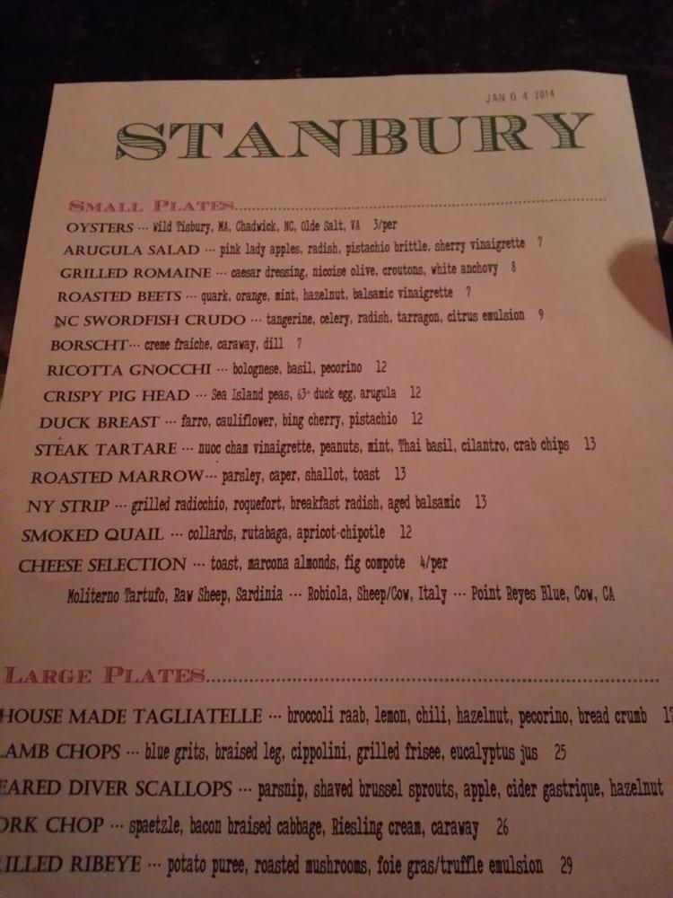 Menu at Stanbury restaurant, Raleigh