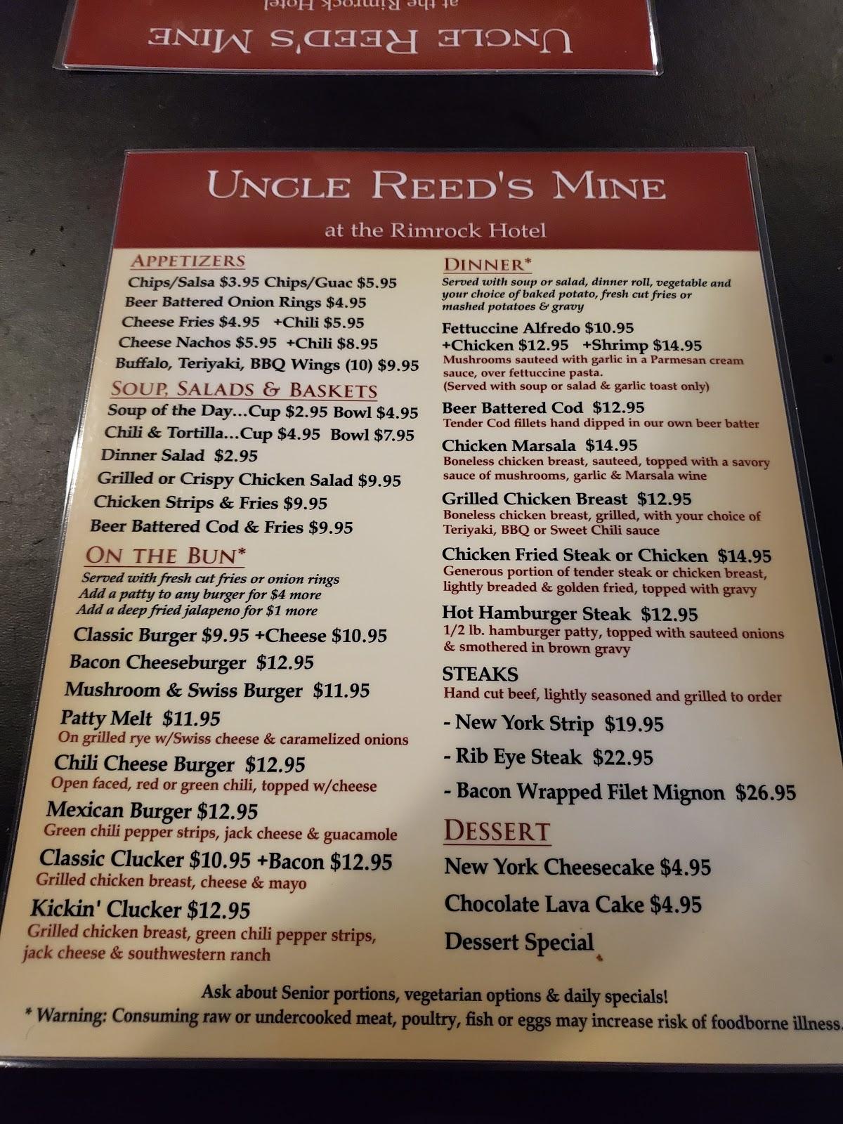 Menu at Uncle Reed's Restaurant at the Rimrock Hotel, Naturita
