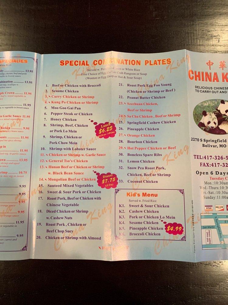 Menu at China King restaurant, Bolivar