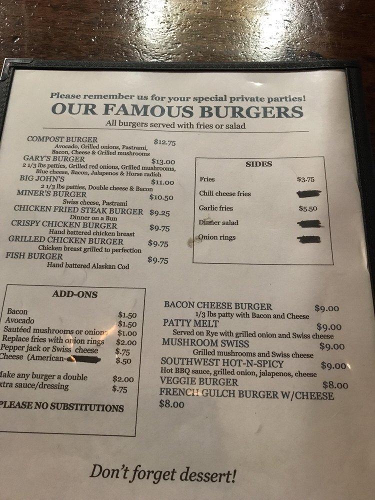 Menu at French Gulch Hotel pub & bar, French Gulch