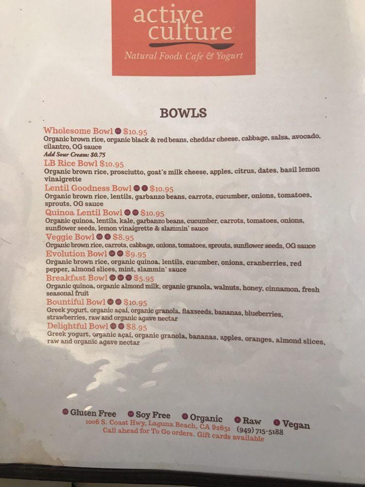 Menu at Active Culture pub & bar, Laguna Beach