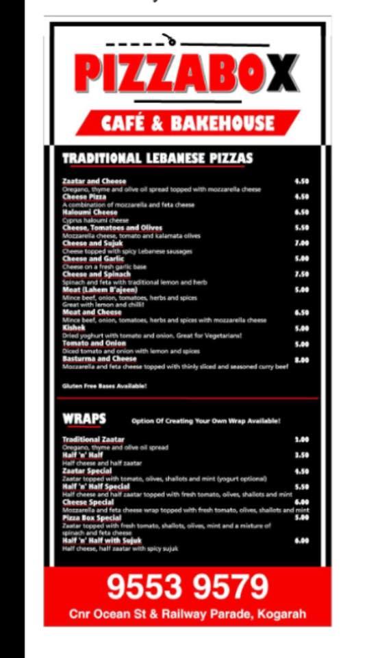 Menu at Pizzabox Café restaurant, Kogarah