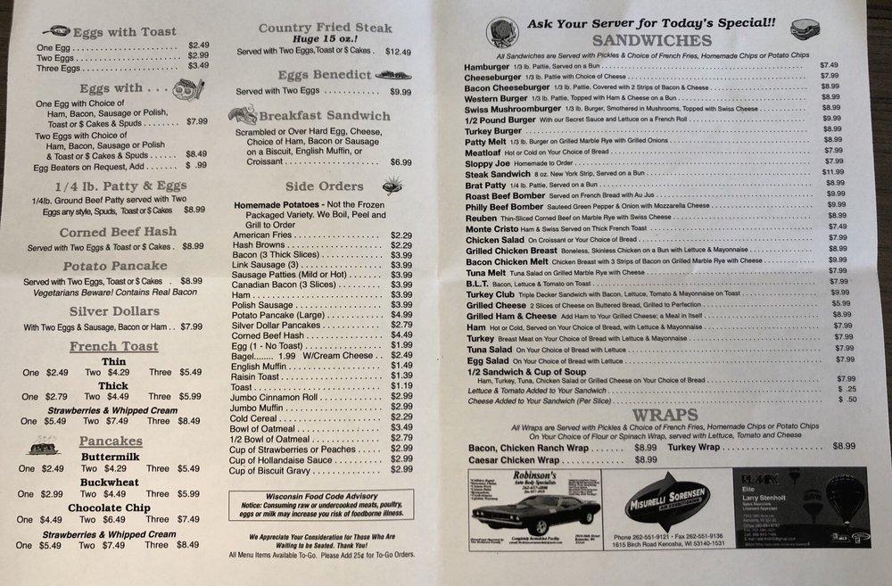 Menu at Danny's Cafe, Kenosha