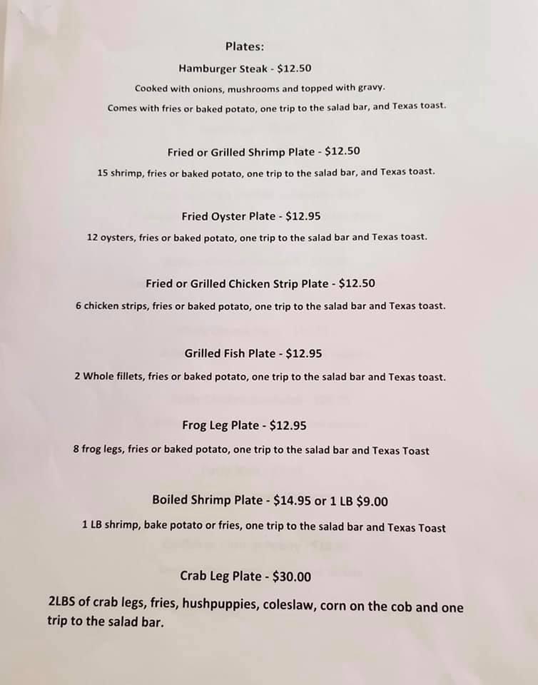 Menu at DJ's Fish House restaurant, Sallis