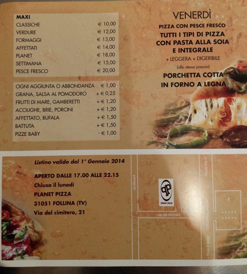 Menu Da Pizzeria Planet Pizza Follina