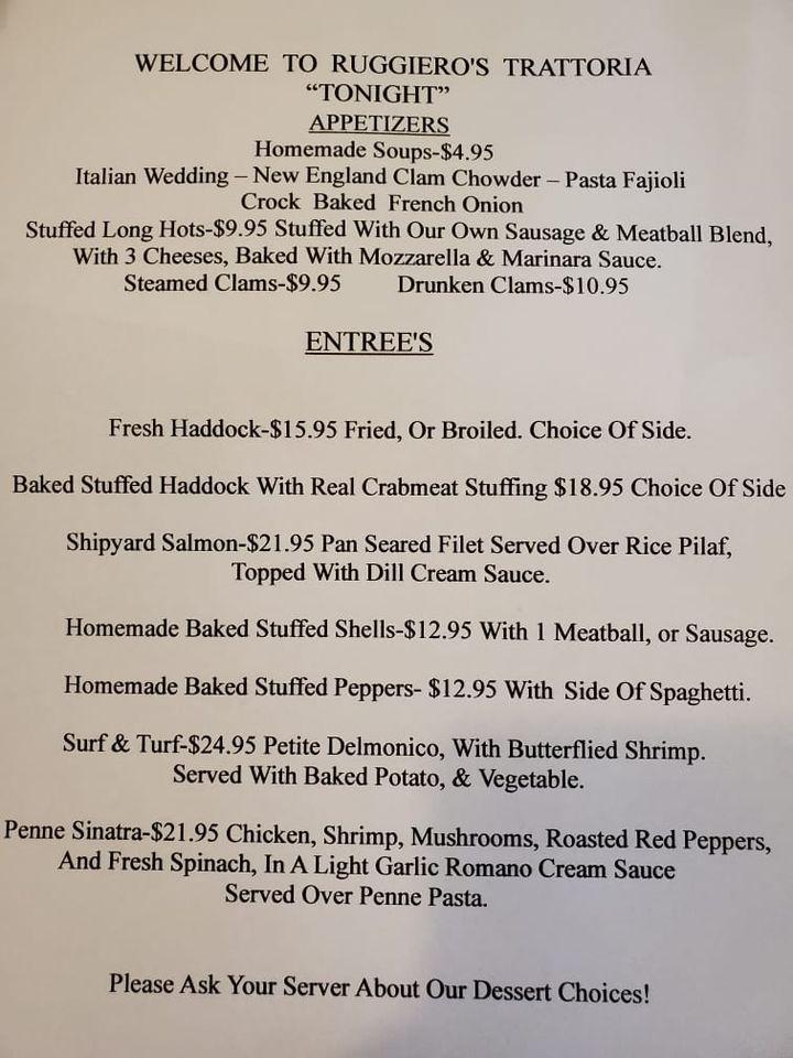 Menu at Ruggiero's Trattoria restaurant, Little Falls