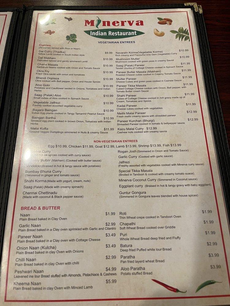 Menu at Minerva Indian Restaurant Jacksonville, Jacksonville