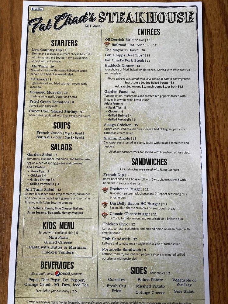 Menu at Fat Chad's Brewing steakhouse, Titusville