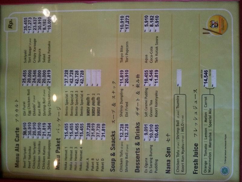 Menu at Hoka Hoka Bento restaurant, Jakarta, Jalan Bulevar Kelapa ...