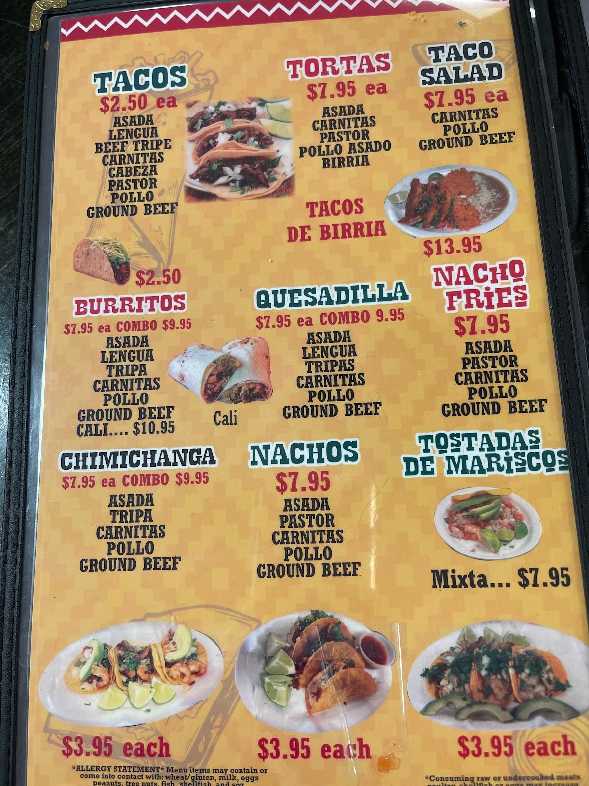 Menu at Johnny's Taco Shop restaurant, Pahrump