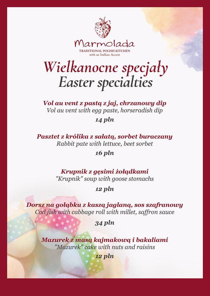 Menu at Marmolada restaurant, Kraków