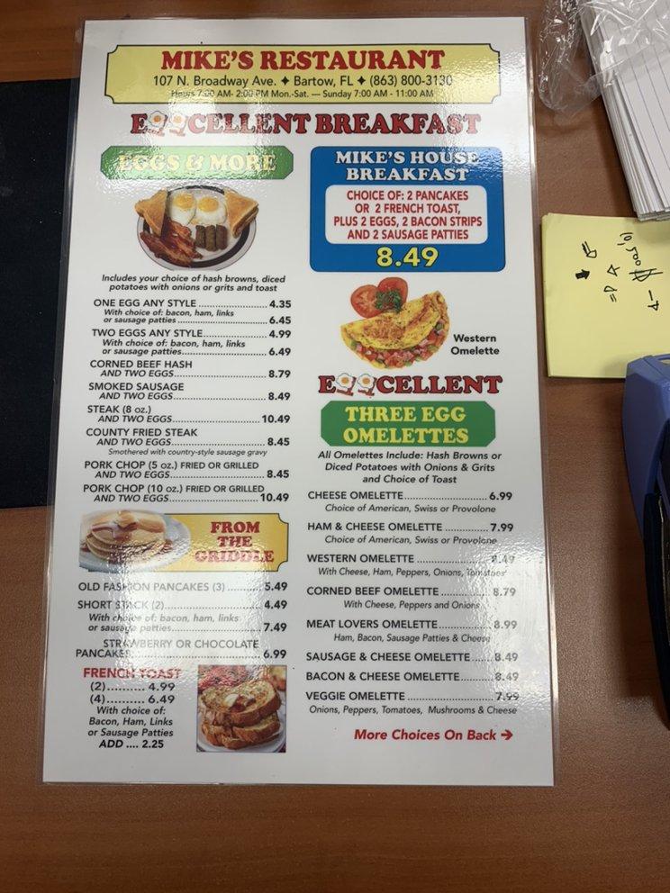 Menu at The Original Mike's Grill steakhouse, Bartow