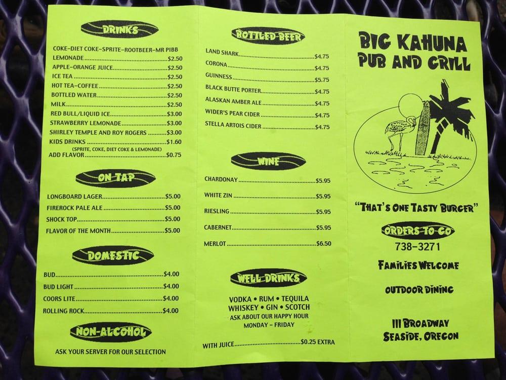 Menu at Big Kahuna pub & bar, Seaside