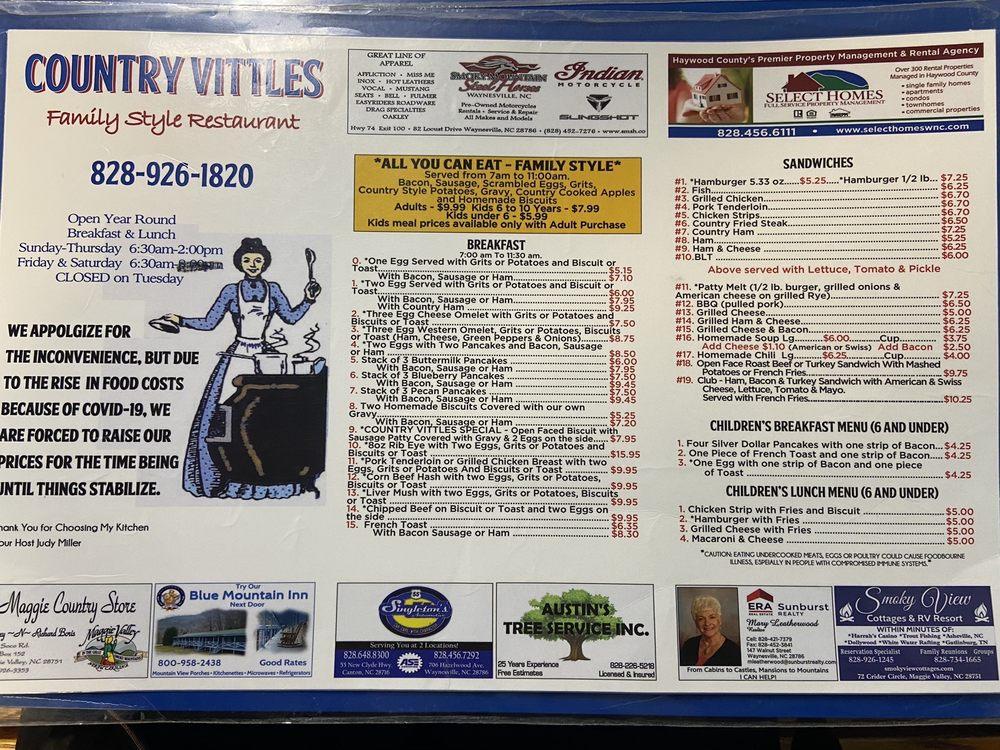 Menu at Country Vittles Family Style Restaurant, Maggie Valley