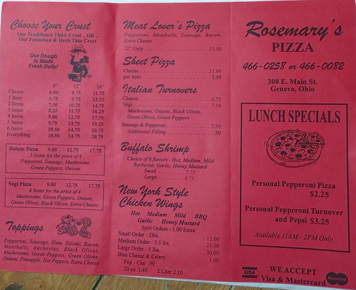 Menu at Rosemary's Pizza pizzeria, Geneva