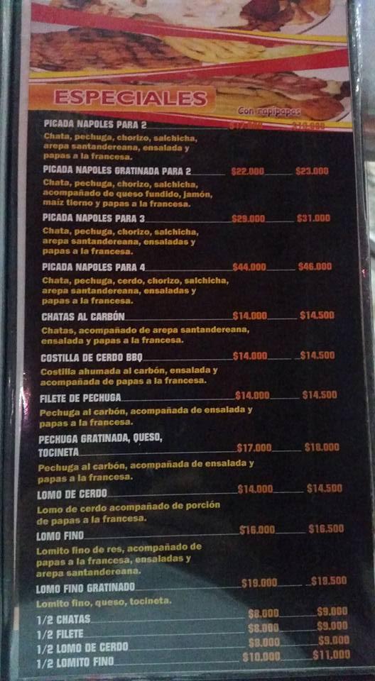 Menu at Napoles restaurant, San Alberto