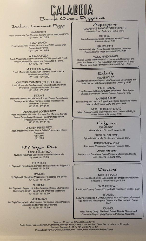 Menu at Calabria Brickoven Pizzeria Mt. Juliet, Mount Juliet
