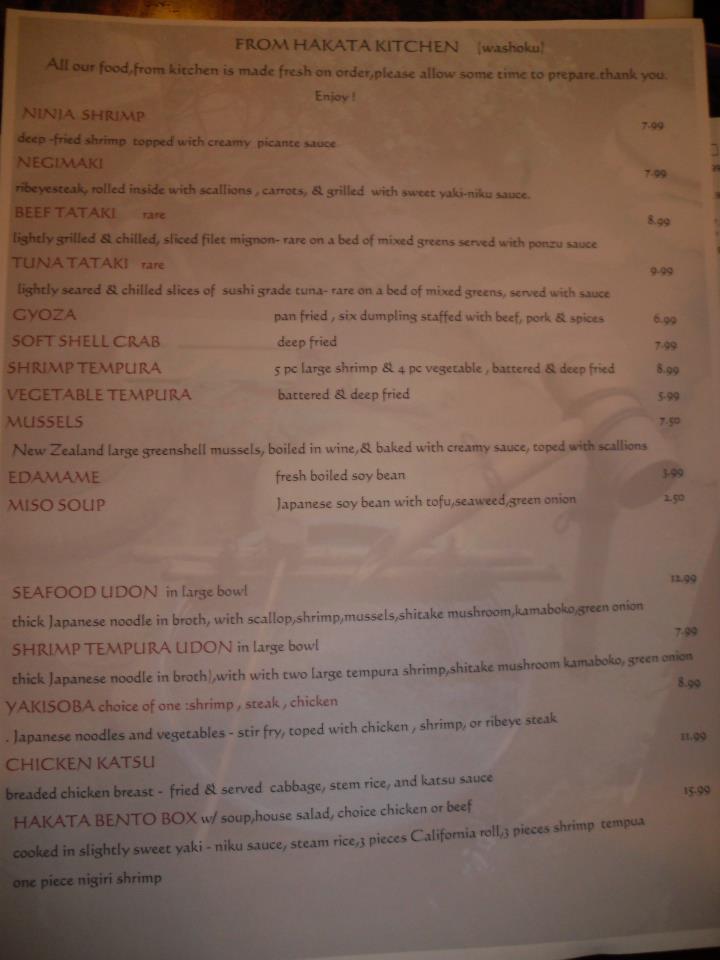 Menu at Hakata Teppanyaki, Sushi, and Ramen restaurant, Jacksonville