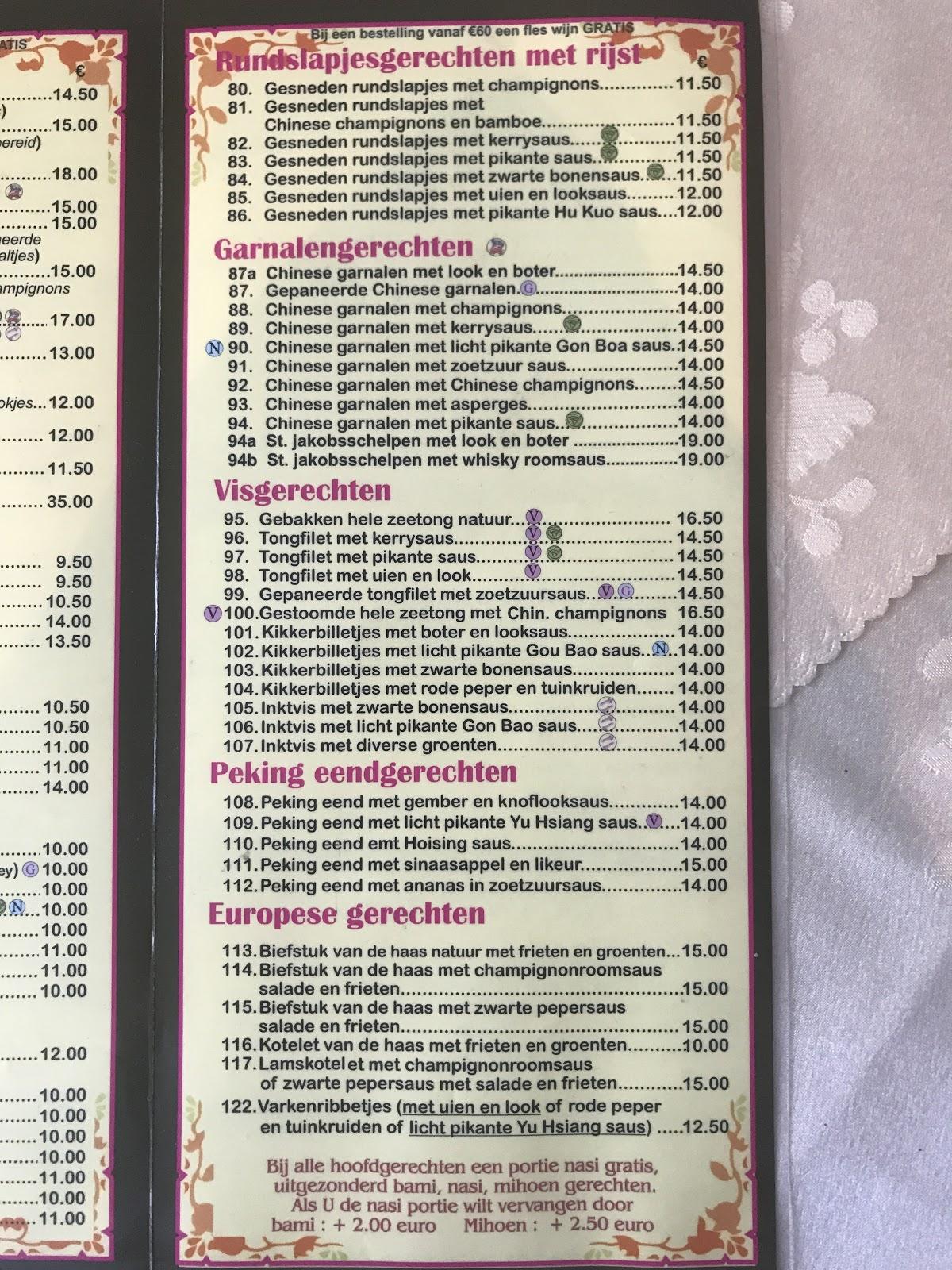Menu at Mei Lin, Torhout