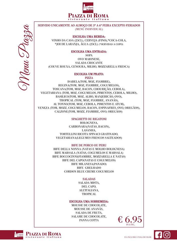 Menu at Piazza di Roma restaurant, Viseu