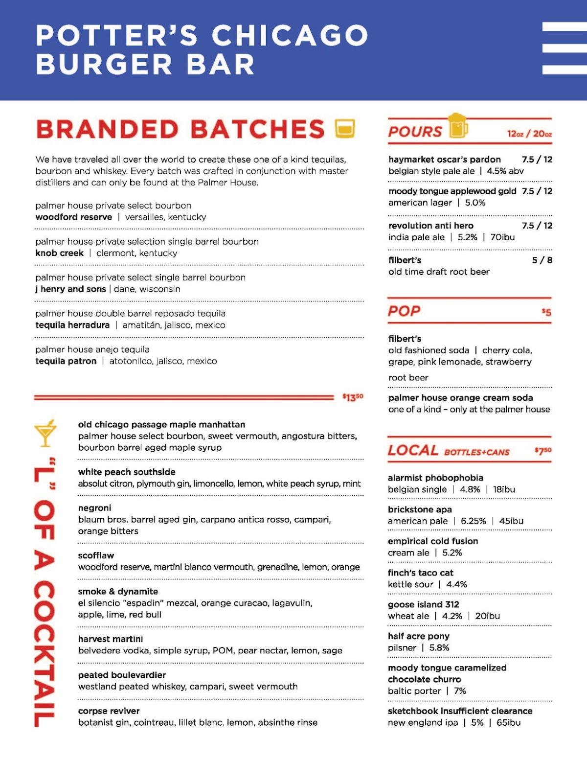 Menu at Potter's Chicago Burger Bar, Chicago